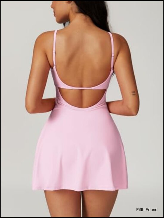 Square Neck Backless Tennis Dress with Shorts Spaghetti Strap Athletic Mini - Picture 2 of 6